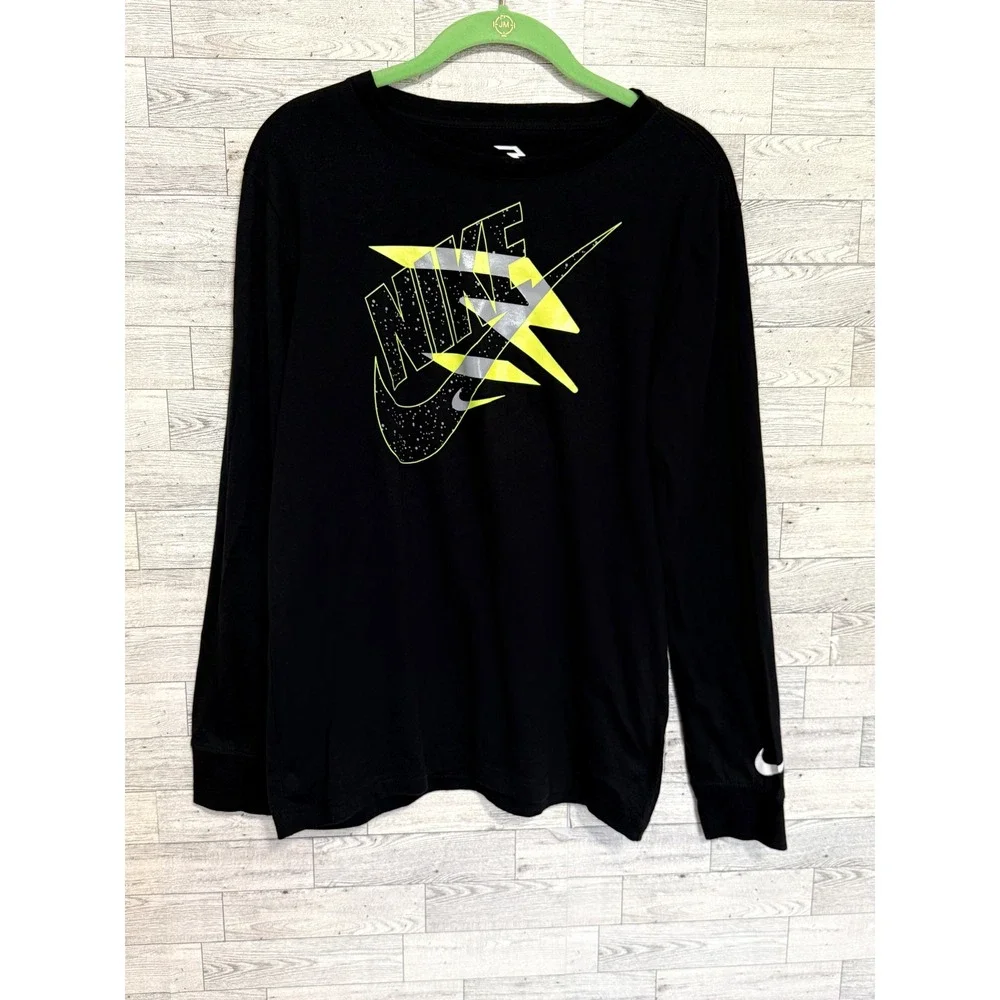 Nike 3 Brand Boys XL Black Long Sleeve Graphic Tee Lightning Bolt Neon Yellow